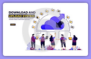 Banner illustration of download and upload system. cloud network sharing activity. designed for landing page, banner, website, web