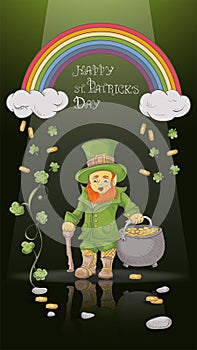 Banner illustration green leprechaun hat with horseshoe luck lying on gold coins stands in a clover frame design for St Patricks