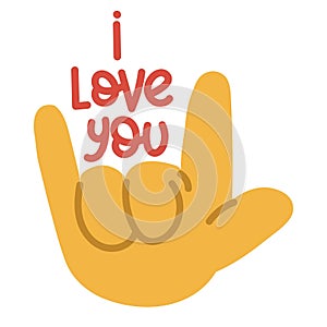 A banner with an illustration of a large cartoon hand, which depicts the sign I love you. Palm with open fingers thumb photo