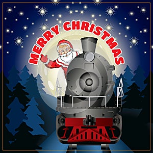 Banner of a illustration of Santa Claus on a steam locomotive with congratulation Merry Christmas