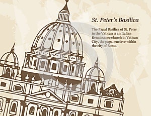 Banner with illustration of St. Peter`s Basilica in Vatican, Rome, Italy