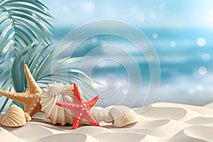 banner,illustration,tropical beach: seashells, red starfish and palm leaves on white sand with blurred ocean on the background