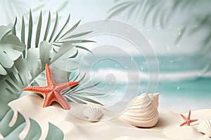 banner,illustration tropical paradise in pastel colors,shells,red starfish,palm leaves white sand with blurred ocean background,