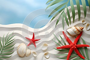 banner,illustration tropical paradise,shells,bright red starfish and palm leaves on white sand with blurred ocean on background