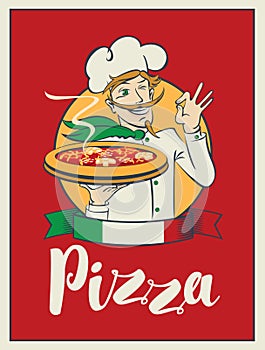 Banner with inscription Pizza and winking chef