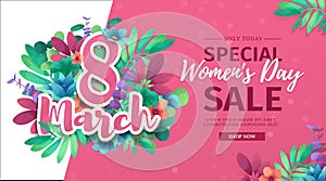 Banner for the International Happy Women`s Day. Flyer for sale March 8 with the decor of floral. Design horiznotal W