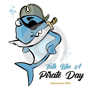 Banner International Talk Like A Pirate Day. Shark pirate with a knife in his teeth. Vector