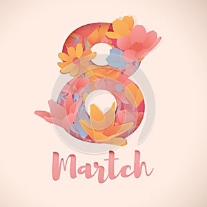 Banner for the International Women's Day. Flyer for March 8 with the decor of flowers. Invitations with the number 8 in