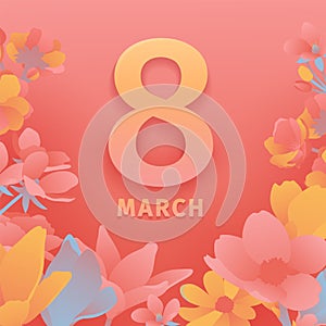 Banner for the International Women's Day. Flyer for March 8 with the decor of flowers. Invitations with the number 8 in