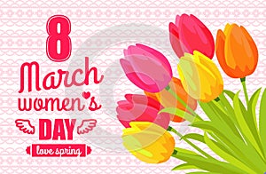 Banner for International Womens Day. Flyer for March 8 with tulips. Spring holiday greeting card