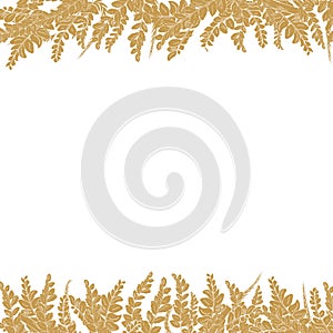 Banner, invitation with golden leaves of fern, palm tree