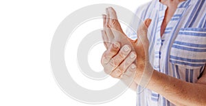 Banner, isolated object. Close-up of a woman& x27;s hand that is experiencing joint pain