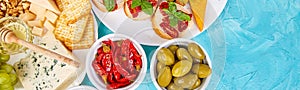 Banner of Italian antipasti wine snacks set. Antipasto catering platter