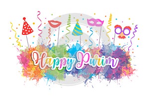 Banner for Jewish holiday Purim with masks. Happy Purim congratulations. Jewish Holiday greeting card. Vector