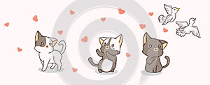 Banner kawaii cats are looking hearts which are spreaded by couple bird