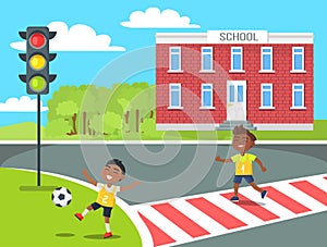 Banner of Kids Near School in Cartoon Style Vector