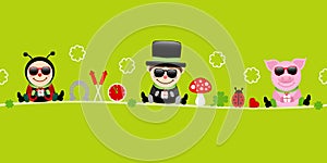 Banner Ladybug Chimney Sweep And Pig With Sunglasses Icons New Years Eve Green