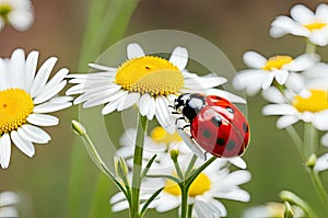 Banner Ladybug on flower blossoms in spring. Beautiful ladybug sitting