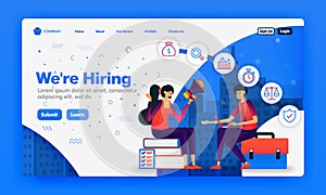 Banner or landing page to recruit employees or we`re hiring design concepts. Cartoon illustration of job seeker interview. Can us