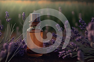 Banner of lavender with essential oil. AI generation