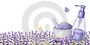 Banner lavender essential oil. Bowl and pestle with sea salt. Dispenser bottle. Aromatherapy, bath. Hand draw watercolor