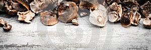 Banner, Lentinula edodes on wooden table with copyspace, shiitake mushrooms photo