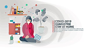 Banner little masked people sitting on their knees on the floor among drugs in quarantine among COVID-2019 virus molecules 2019-