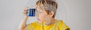 BANNER, LONG FORMAT Chemical home tests. Tools for the home lab. the boy Explorer. Child is watching a chemical reaction