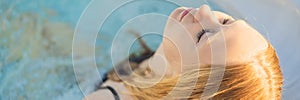 BANNER, LONG FORMAT Portrait of young carefree happy smiling woman relaxing at hot tub during enjoying happy traveling