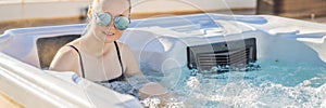 BANNER, LONG FORMAT Portrait of young carefree happy smiling woman relaxing at hot tub during enjoying happy traveling