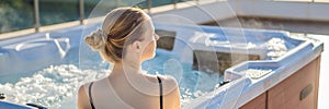 BANNER, LONG FORMAT Portrait of young carefree happy smiling woman relaxing at hot tub during enjoying happy traveling