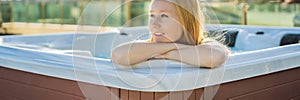 BANNER, LONG FORMAT Portrait of young carefree happy smiling woman relaxing at hot tub during enjoying happy traveling