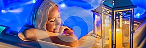 BANNER, LONG FORMAT Portrait of young carefree happy smiling woman relaxing at hot tub at night during enjoying happy