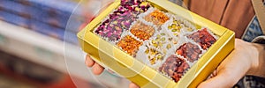 BANNER, LONG FORMAT Traditional oriental sweet pastry cookies, nuts, dried fruits, pastilles, marmalade, Turkish desert