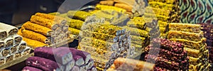 BANNER, LONG FORMAT Traditional oriental sweet pastry cookies, nuts, dried fruits, pastilles, marmalade, Turkish desert