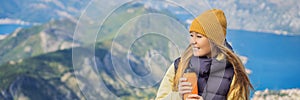 BANNER, LONG FORMAT Woman tourist enjoys the view of Kotor. Montenegro. Bay of Kotor, Gulf of Kotor, Boka Kotorska and