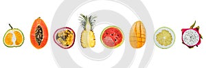 BANNER A lot of different tropical fruits cut halves isolated on white. long format