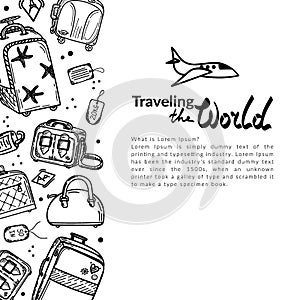 Banner with luggage elements on white background. Travelling by airplane. Tourism. Large suitcases, hand luggage, valise