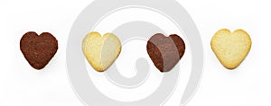 Banner made of heart-shaped light and dark chocolate biscuits isolated on white background with shadows