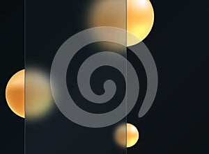 Banner made of transparent frosted glass and golden gradient spheres on a black background.