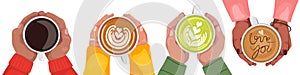 Banner made with woman and man hands holding coffee cups. Matcha latte. Cappuccino crema of heart shape. Top view. Flat