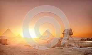 Banner Main tourist view famous wonder of world Sphinx and pyramids Giza, Egypt sunset sky