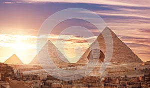 Banner Main tourist view famous wonder of world Sphinx and pyramids Giza, Egypt sunset sky