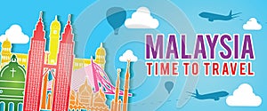 Banner of Malaysia famous landmark silhouette colorful style,plane and balloon fly around with cloud