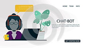 Banner man black woman in headphones chatting on laptop for website or mobile apps artificial intelligence concept flat vector