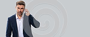 Banner of man in suit using mobile smart phone. Banner for header, copy space. Poster for web design.