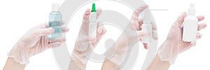 Banner with many hands in rubber gloves on a white background. In the hands of many different sprays and antiseptics. Precautions