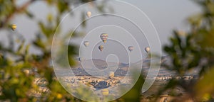 banner with many hot air balloons in the sky through trees in Cappadocia, Nevsehir, Turkey on a beautiful summer day