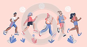 Banner with marathoners running sportive people. Cartoon vector illustration