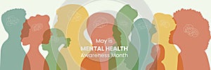 Banner May is Mental Health Awareness month. Reminding about importance of good state of mind. Psychological well-being